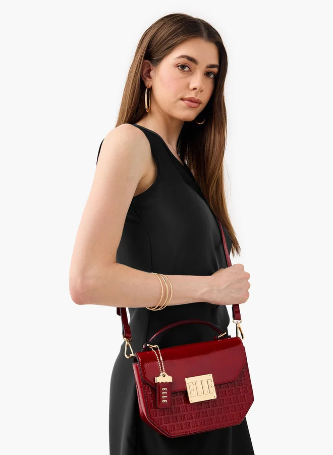 ELLE Monogram Embossed Satchel Bag with Grab Handle and Button Closure
