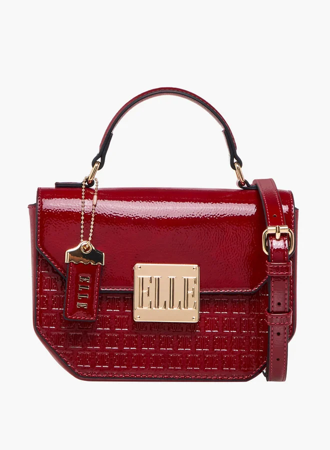 ELLE Monogram Embossed Satchel Bag with Grab Handle and Button Closure