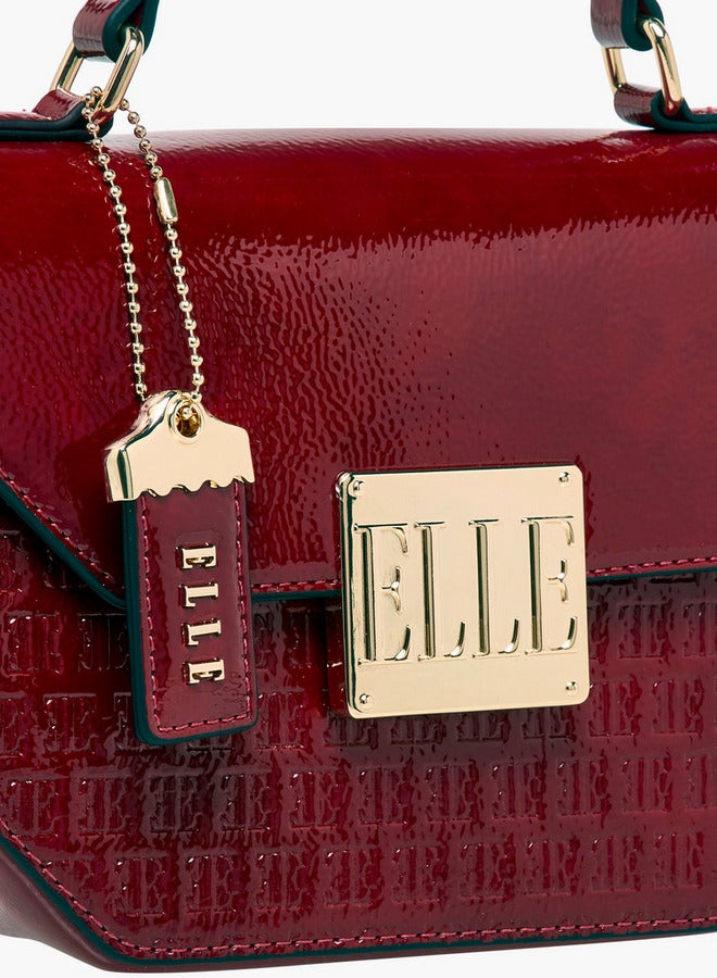 ELLE Monogram Embossed Satchel Bag with Grab Handle and Button Closure  - Image 5