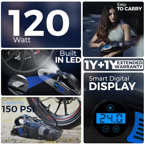 WOSCHER AirVac Pro+ 3in1 USB Rechargeable Car Vacuum Cleaner Cordless,Tyre Inflator,150 PSI Digital Air Pump for Car Tyre|120 Watt Car Vacuum Cleaner High Power 6000PA |LED Light| Auto Shut Off - Image 2