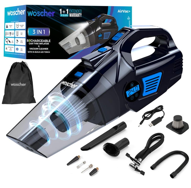 WOSCHER AirVac Pro+ 3in1 USB Rechargeable Car Vacuum Cleaner Cordless,Tyre Inflator,150 PSI Digital Air Pump for Car Tyre|120 Watt Car Vacuum Cleaner High Power 6000PA |LED Light| Auto Shut Off - Image 1
