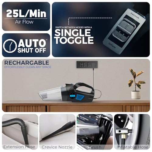 WOSCHER AirVac Pro+ 3in1 USB Rechargeable Car Vacuum Cleaner Cordless,Tyre Inflator,150 PSI Digital Air Pump for Car Tyre|120 Watt Car Vacuum Cleaner High Power 6000PA |LED Light| Auto Shut Off - Image 4