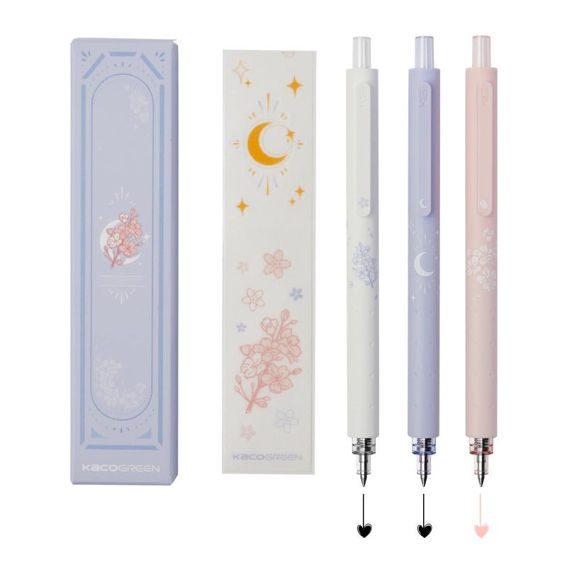 Kaco Gel Pens Cute Stationery 3 Pieces 0.5mm Fine Point, Quick Drying Pens for Journaling Aesthetic Office Supplies, 2 Black Ink and 1 Coral Ink - Image 1