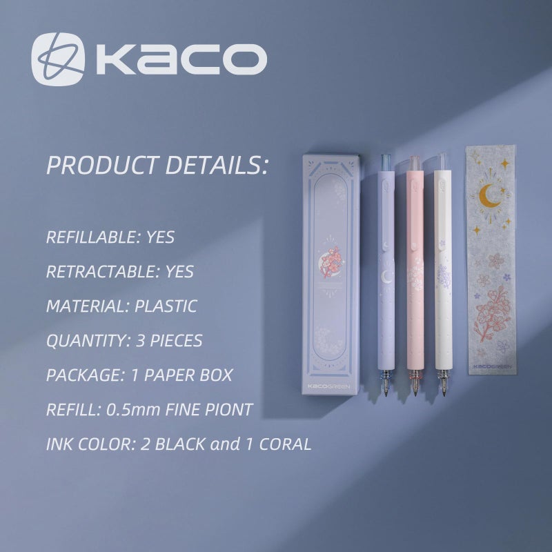 Kaco Gel Pens Cute Stationery 3 Pieces 0.5mm Fine Point, Quick Drying Pens for Journaling Aesthetic Office Supplies, 2 Black Ink and 1 Coral Ink - Image 2