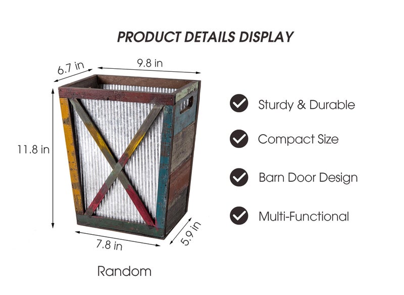 Venalys Small Wood Trash Can Wastebasket, Decorative Barn Door Garbage Can Waste Basket, Rustic Distressed Rectangular Trash Bin, Farmhouse Wooden Storage Basket Waste Paper Bin (Random) - Image 2