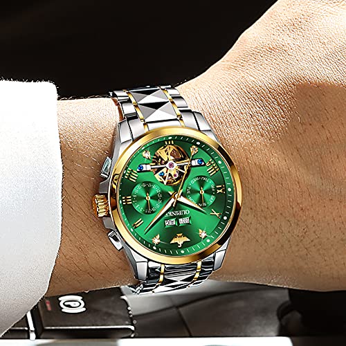 OUPINKE Watches for Men Skeleton Big Face Automatic Mechanical Tungsten Steel Business Waterproof Self Winding Best Gifts Watches for Men Green - Image 3