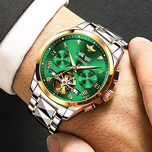 OUPINKE Watches for Men Skeleton Big Face Automatic Mechanical Tungsten Steel Business Waterproof Self Winding Best Gifts Watches for Men Green - Image 2