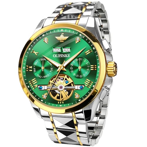 OUPINKE Watches for Men Skeleton Big Face Automatic Mechanical Tungsten Steel Business Waterproof Self Winding Best Gifts Watches for Men Green - Image 1