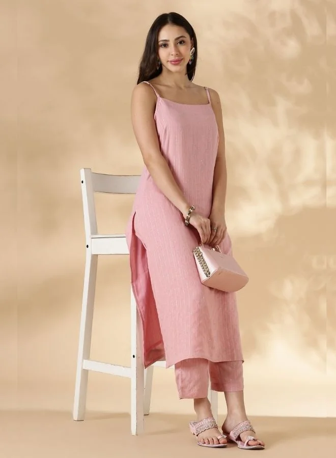 Abhishti Lurex Sequin Strappy Kurta and pant set- Pink