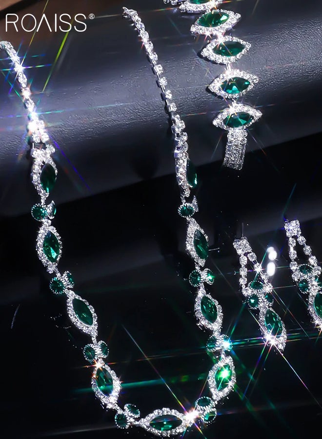 مجموعة مجوهرات الزمرد المكونة من 4 قطع، قلادة من أحجار الراين الفاخرة الخفيفة، وأقراط وخواتم، وإكسسوارات مجوهرات حفلات الزفاف، مناسبة كهدايا للنساء