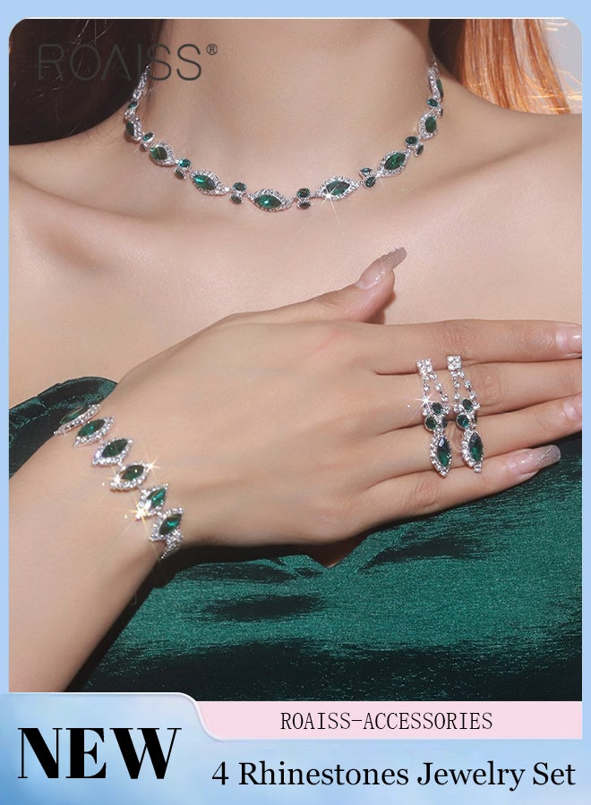 مجموعة مجوهرات الزمرد المكونة من 4 قطع، قلادة من أحجار الراين الفاخرة الخفيفة، وأقراط وخواتم، وإكسسوارات مجوهرات حفلات الزفاف، مناسبة كهدايا للنساء