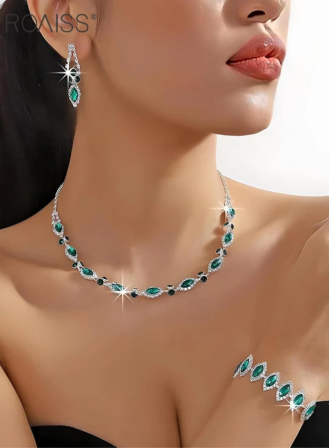 مجموعة مجوهرات الزمرد المكونة من 4 قطع، قلادة من أحجار الراين الفاخرة الخفيفة، وأقراط وخواتم، وإكسسوارات مجوهرات حفلات الزفاف، مناسبة كهدايا للنساء