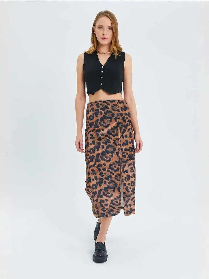 ميكسراي تنورة ميدي خصر عالي بطبعة جلد الفهد بفتحة