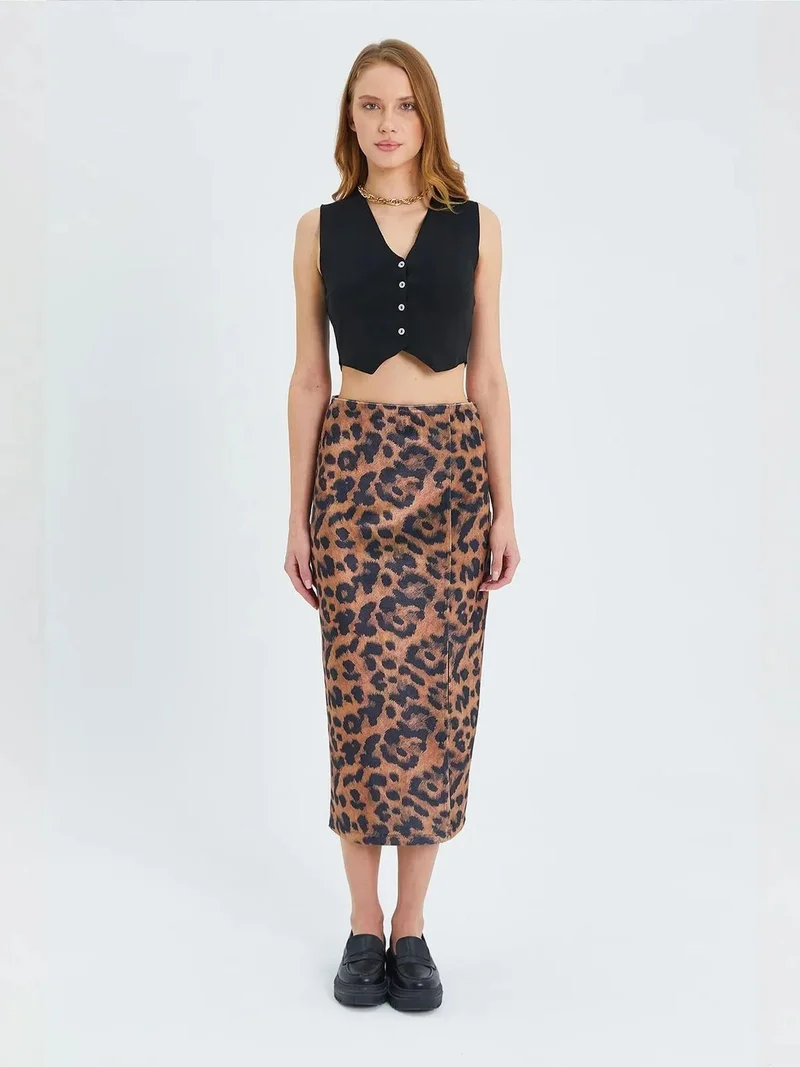 Mixray Coffee Brown Mixray Leopard Print High Waist Midi Skirt with Slit for Women | Best Price UAE