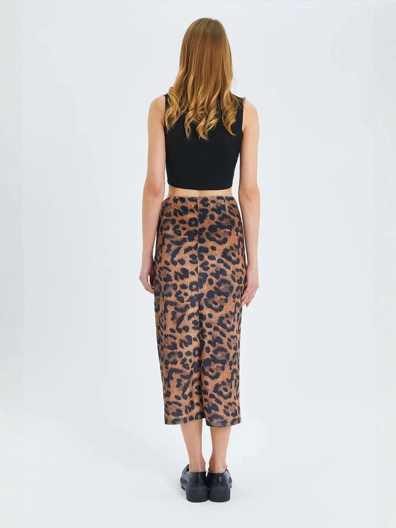 Mixray Coffee Brown Mixray Leopard Print High Waist Midi Skirt with Slit for Women | Best Price UAE