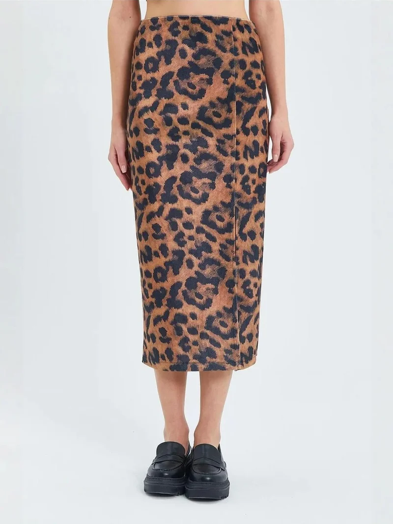 Mixray Leopard Print High Waist Midi Skirt with Slit