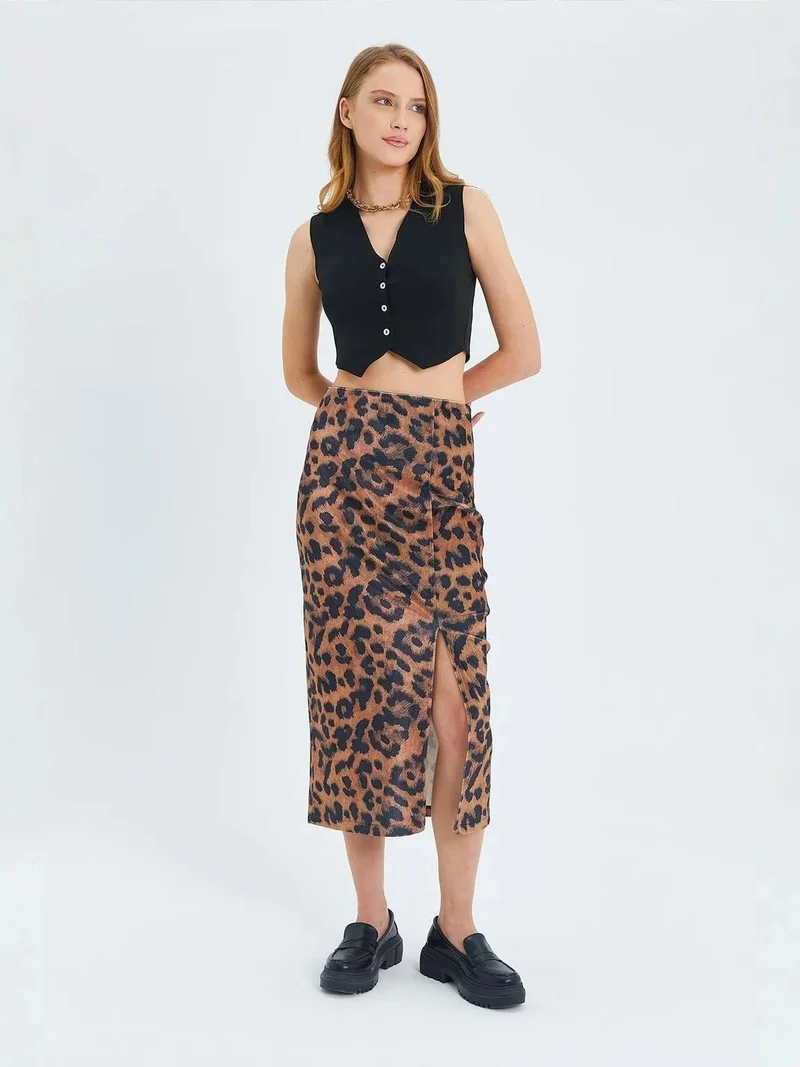Mixray Coffee Brown Mixray Leopard Print High Waist Midi Skirt with Slit for Women | Best Price UAE