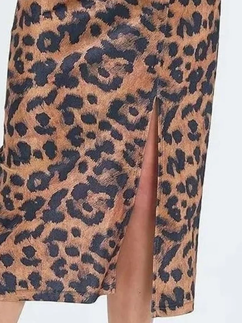 Mixray Coffee Brown Mixray Leopard Print High Waist Midi Skirt with Slit for Women | Best Price UAE