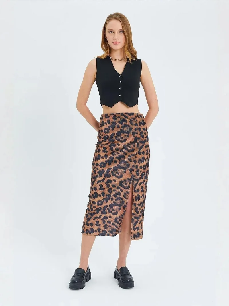 Mixray Coffee Brown Mixray Leopard Print High Waist Midi Skirt with Slit for Women | Best Price UAE