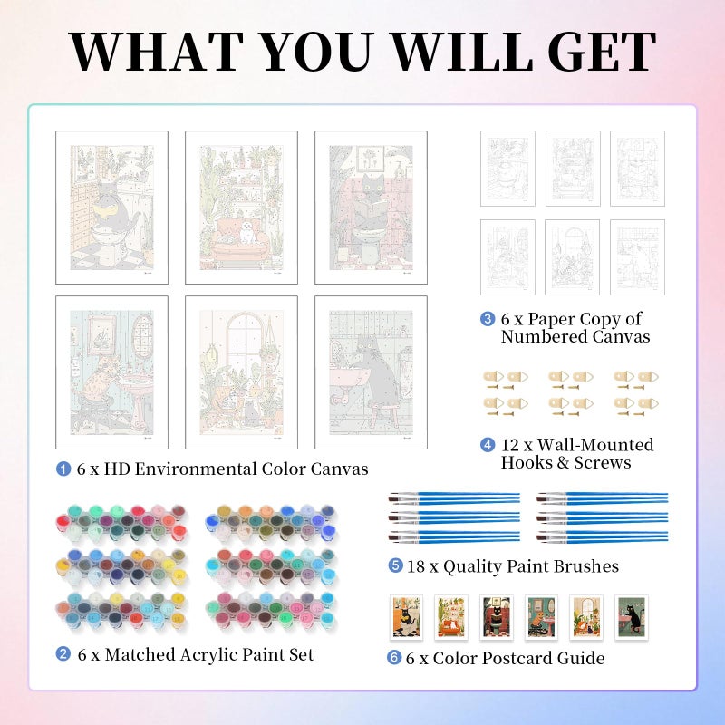 Camocin 6 Pack Paint by Numbers Kit for Adults, Black Cat Adult Paint by Number Kits Without Frame for Beginner, Cat Acrylic Oil Painting by Numbers Kits for Gift Home Wall Decor 8 x 12 Inch - Image 4