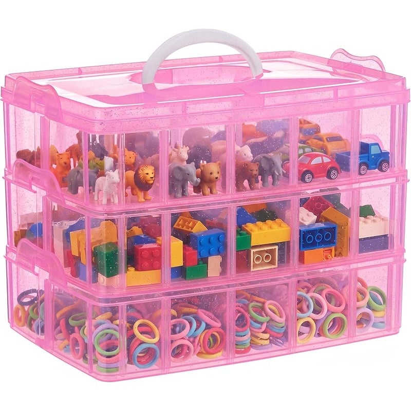 SGHUO 3-Tier Pink Craft Storage Container Box, Stackable Organizer Box with Dividers for Art Supplies, Beads, Washi Tapes, Seed, Hair Accessories, Nail, 9.5X6.5X7.2in - Image 1