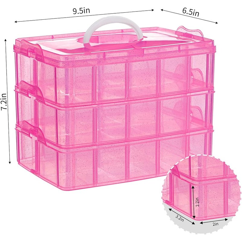 SGHUO 3-Tier Pink Craft Storage Container Box, Stackable Organizer Box with Dividers for Art Supplies, Beads, Washi Tapes, Seed, Hair Accessories, Nail, 9.5X6.5X7.2in - Image 2