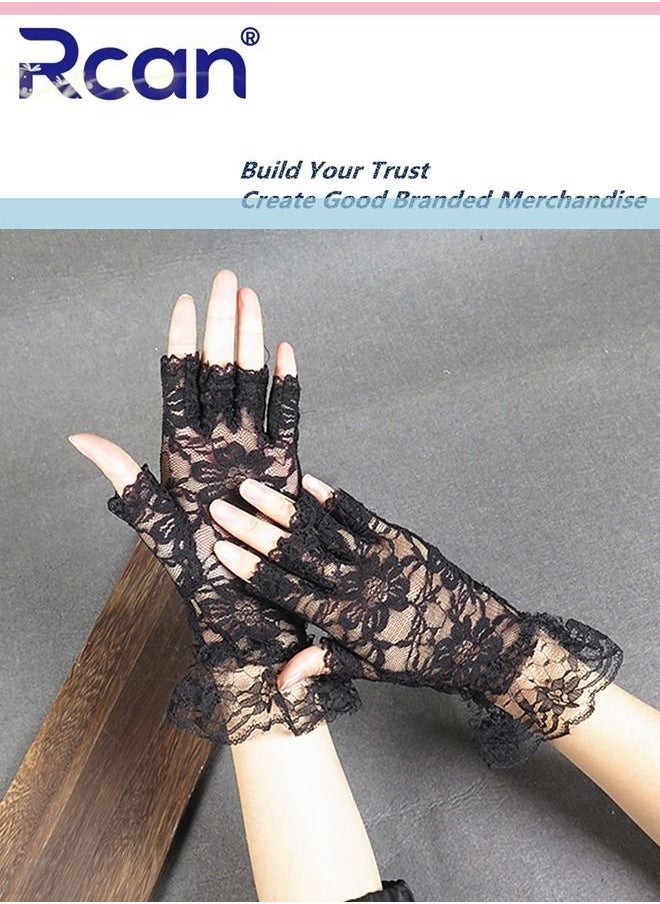 Rcan Ladies Vintage Sunscreen Lace Gloves Bridal Wedding Dress Wrist Accessories Mesh Anti-UV Short Half Finger Driving Gloves for Women Free Size  - Image 1