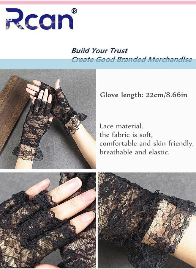 Rcan Ladies Vintage Sunscreen Lace Gloves Bridal Wedding Dress Wrist Accessories Mesh Anti-UV Short Half Finger Driving Gloves for Women Free Size  - Image 2