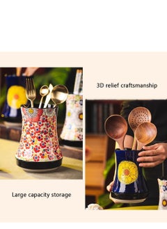 KASTWAVE Ceramic Kitchen Utensil Holder, Multi-Functional Large Capacity Knife and Fork Storage Tube, Crock Decorative Vase, with Embossed Three-Dimensional Flower Design for Kitchen Decor Red, 1 Pcs  - Image 4