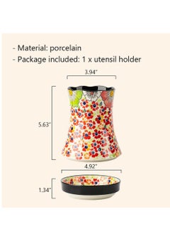 KASTWAVE Ceramic Kitchen Utensil Holder, Multi-Functional Large Capacity Knife and Fork Storage Tube, Crock Decorative Vase, with Embossed Three-Dimensional Flower Design for Kitchen Decor Red, 1 Pcs  - Image 5