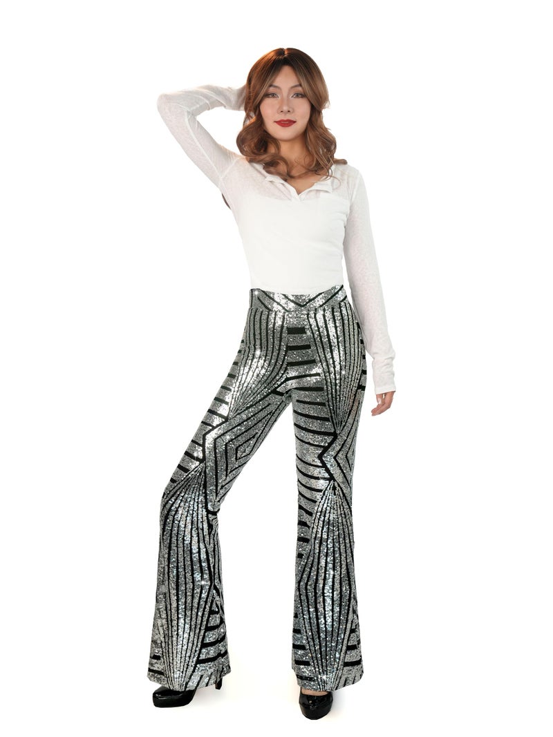 Nawgut Sequin Flare Pants Sparkly Glitter High Waisted Bell Bottom Trousers Disco Party Clubwear for Women-XX-Large Silver - Image 3