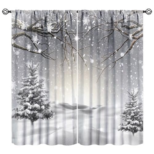 JESTRONRY Winter Snowflake Scene Curtain Forest Pine Tree Covered Snow Tree Branch Theme Home Fabric Living Room Bedroom Kitchen Bathroom Decor 42x45in - Image 1