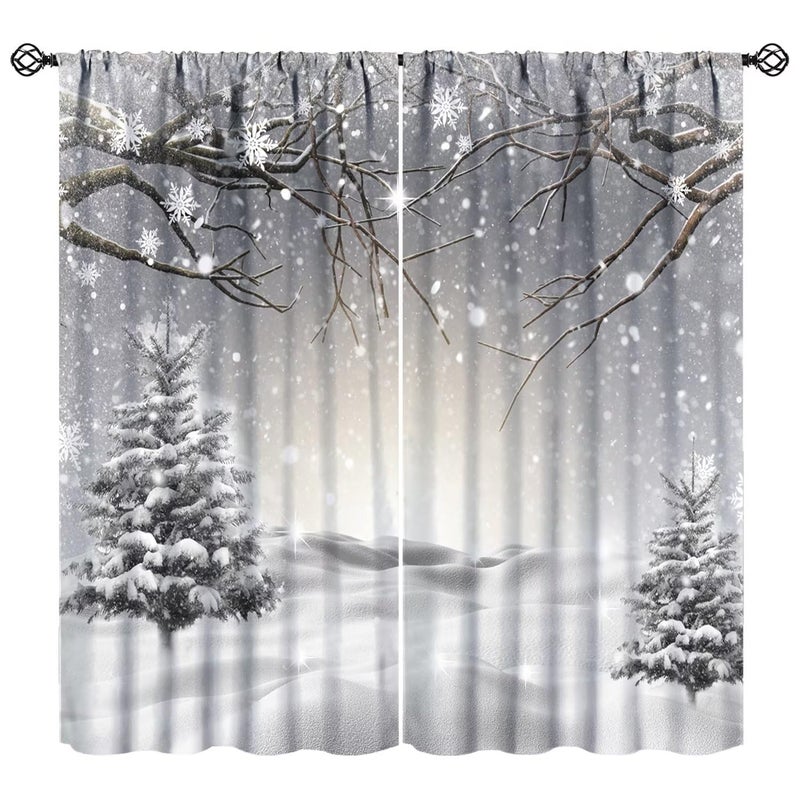 JESTRONRY Winter Snowflake Scene Curtain Forest Pine Tree Covered Snow Tree Branch Theme Home Fabric Living Room Bedroom Kitchen Bathroom Decor 42x45in - Image 2