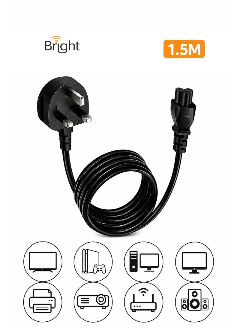 برايت كابل طاقة بديل 1.5 متر – فيشة بريطانية BS 1363 إلى C5 2.5A 250V 18AWG – مناسب للطابعات وشواحن اللابتوب - Image 1