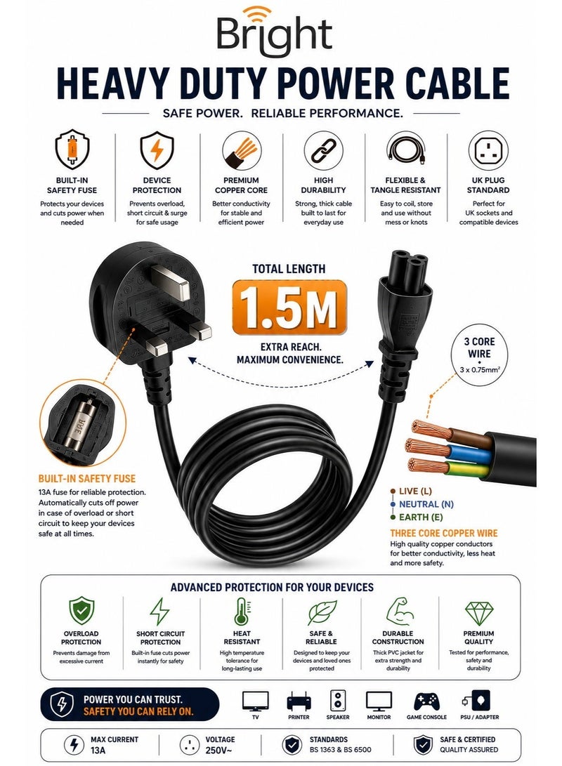 برايت كابل طاقة بديل 1.5 متر – فيشة بريطانية BS 1363 إلى C5 2.5A 250V 18AWG – مناسب للطابعات وشواحن اللابتوب - Image 2