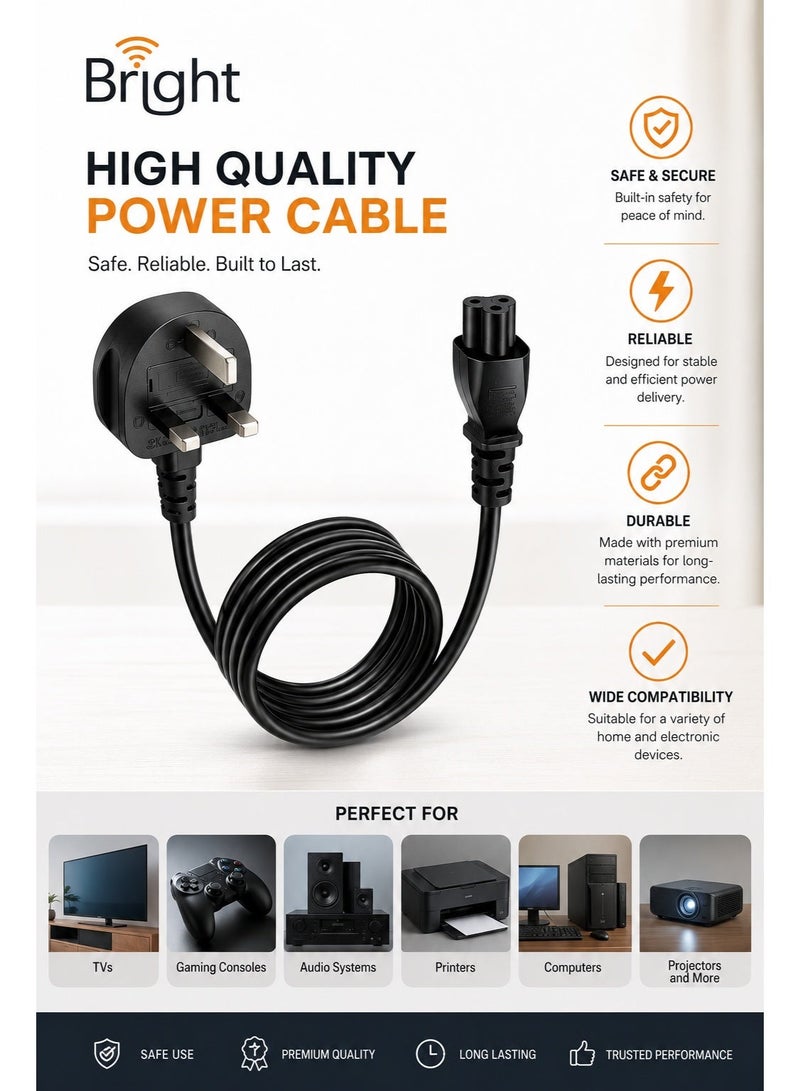 برايت كابل طاقة بديل 1.5 متر – فيشة بريطانية BS 1363 إلى C5 2.5A 250V 18AWG – مناسب للطابعات وشواحن اللابتوب - Image 4