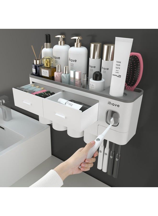 iHave Toothbrush Holders, 4 Cups Toothbrush Holder Wall Mounted with Toothpaste Dispenser - Image 1