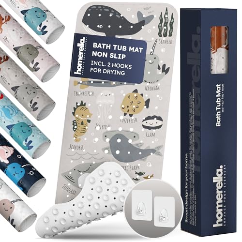 Homerella Bath Tub Mat Non Slip Anti Mold for Kids BPA Free INCL Hooks - homerella® Ocean Sea Animals 40x16, Baby Bath Mat Non Slip 200 Suction Cups, Non Toxic Machine Washable Toddler Bath Mat, EU Certified - Image 1