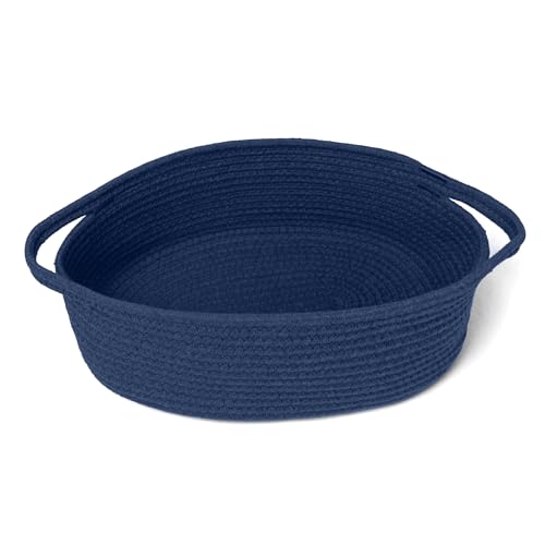 MEGASKET Dark Blue Small Woven Basket 13 x 9 x 5 Baskets for Gifts Empty Cotton Rope Gift Basket Cute Nursery Baby Organizer Cat Dog Toy Box Oval Wicker Storage Bin with Handle - Image 1