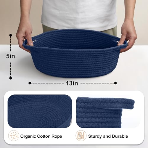 MEGASKET Dark Blue Small Woven Basket 13 x 9 x 5 Baskets for Gifts Empty Cotton Rope Gift Basket Cute Nursery Baby Organizer Cat Dog Toy Box Oval Wicker Storage Bin with Handle - Image 3