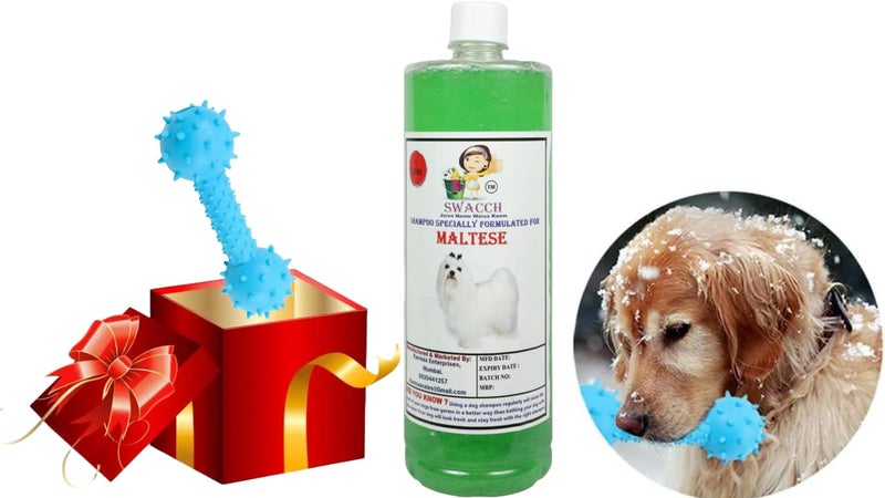 swacch Maltese Dog Shampoo + Dumbbell Toy I Durable Rubber Dog Toy for Chewing I Playing,Teeth Cleaning & Training Toy I Combo Pack I 1 Litre Neem Alovera - Image 1