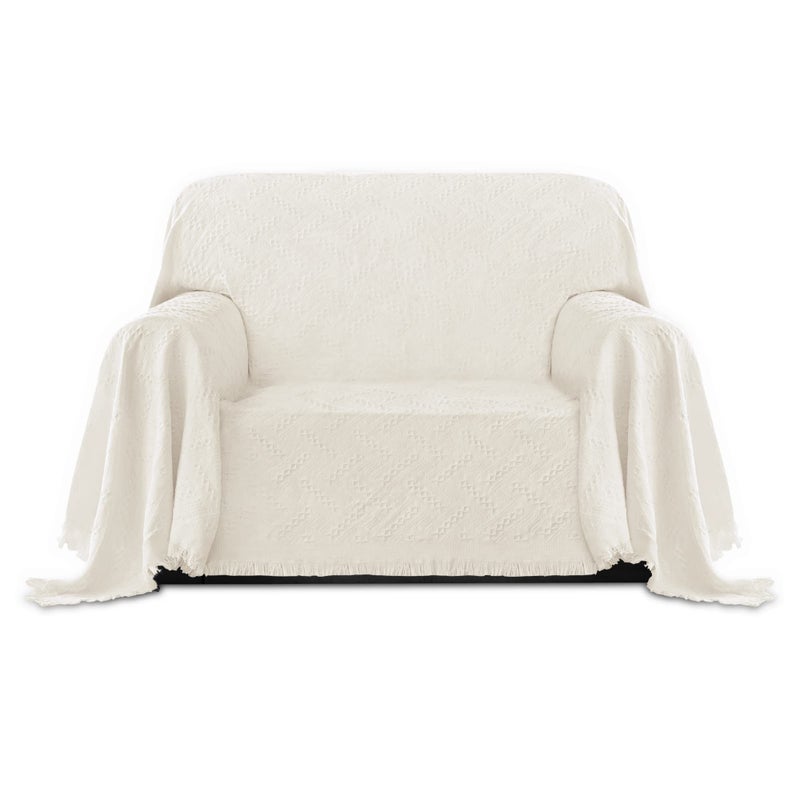 PureFit Geometric Jacquard Throw Sofa Cover  Textured Soft Washable Decorative Couch Covers for 3 Cushion Couch Throw Cover with Tassels Furniture Protector for Pets Kids Small Ivory