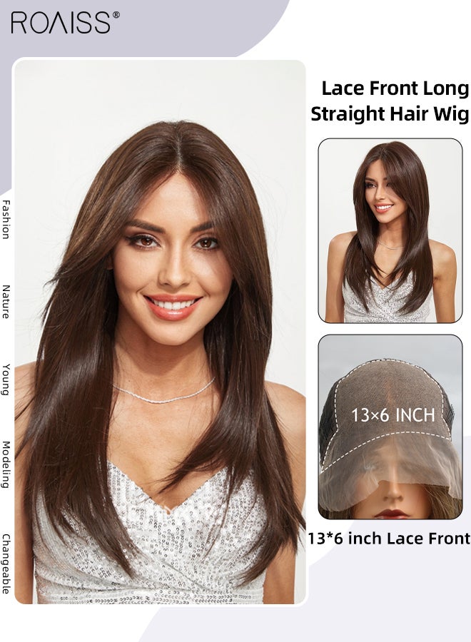 رويس باروكة شعر مستعار نسائية طويلة مستقيمة من الدانتيل من الأمام، ذات طبقات من الشعر الصناعي الناعم الطبيعي المقاوم للحرارة لحفلات الزفاف والتنكر، للاستخدام اليومي، 51 سم (20 بوصة) - Image 1