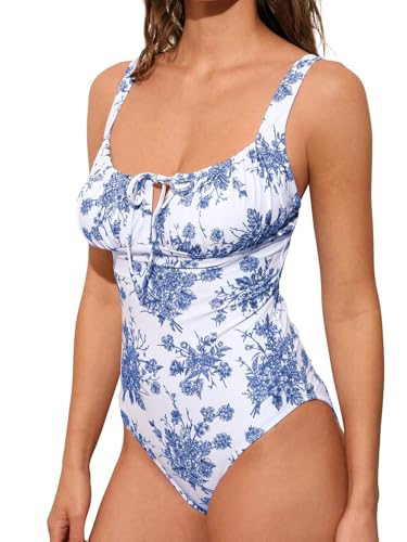 BERLOOK Womens One Piece Swimsuits Floral Push Up Bathing Suit Sexy Tie Slimming Swimsuits for Women Swimwear Blue - Image 2