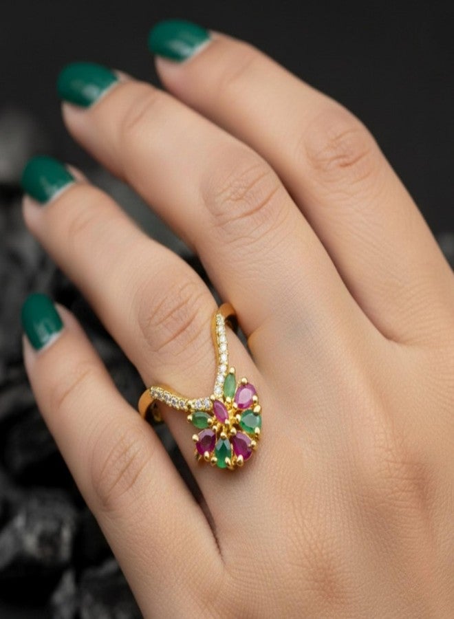 ZEELLO Gold Plated Floral Ring with Cz Stones, Cuff Design Vanky Ring - Image 2