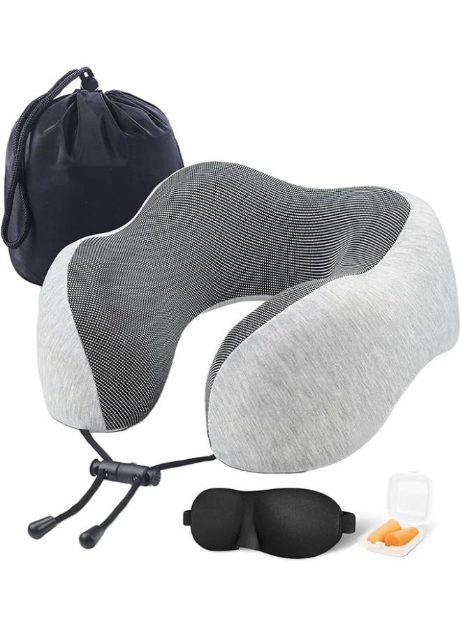 SKY-TOUCH Travel Pillow Memory Foam Neck Pillow, Comfortable & Breathable Cover - Machine Washable, Airplane Travel Kit with 3D Sleep Mask, Earplugs, and Luxury Bag, Grey - Image 1