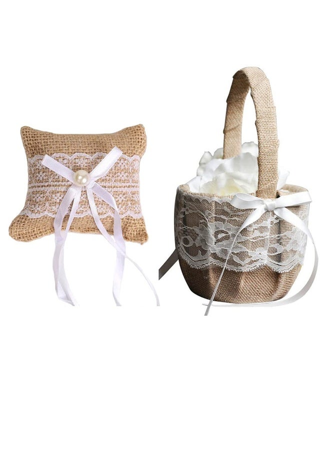 Romantic Lace Wedding Ring Pillow and Flower Basket Set Flower Girl Baskets Witness Love with Soft Jute Material Ring Cushion for Engagement Ceremony Wedding Supply Decoration - Image 1
