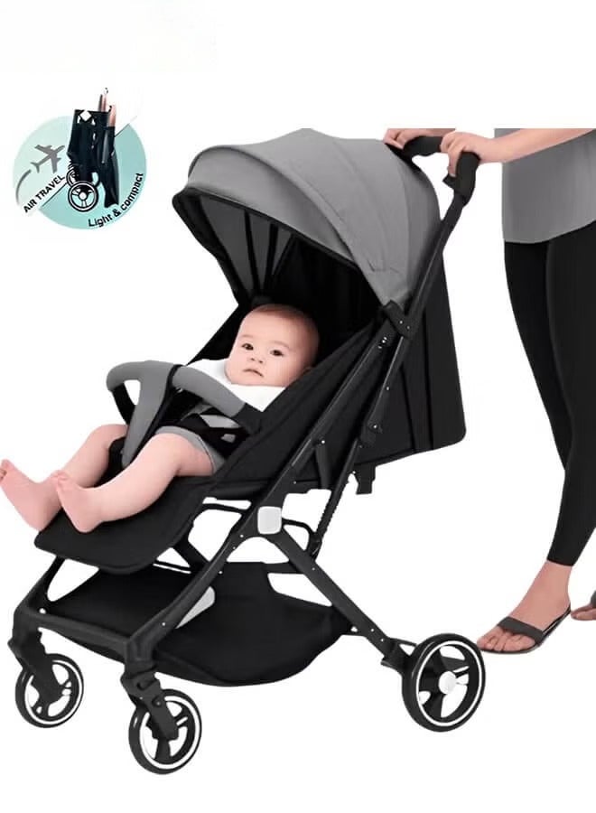 هيبوبي عربة أطفال خفيفة الوزن، عربة أطفال قابلة للطي، مناسبة للأطفال من عمر 0 إلى 3 سنوات، عربة سفر للأطفال مع سلة تخزين، تعليق بأربع عجلات، طي بضغطة واحدة، يمكن الجلوس أو الاستلقاء، حزام أمان بخمس نقاط، باللون الرمادي - Image 1