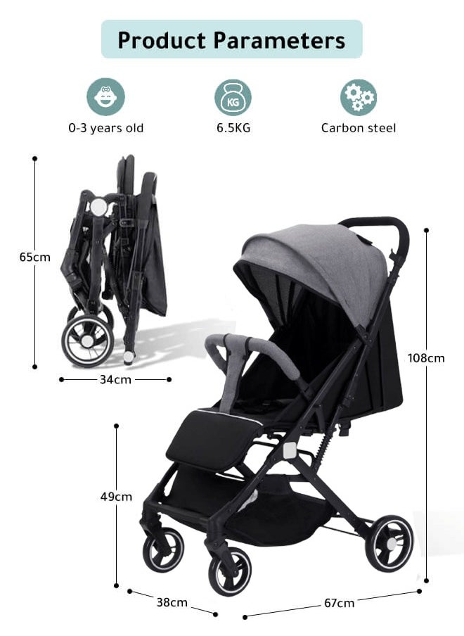Riolio - Lightweight Stroller,Foldable Baby Stroller, 0-3 Year Old Baby Travel Stroller With Storage Basket, Four-Wheel Suspension, One Click Folding, Can Sit Or Lie Down, 5-Point Seat Belt, Grey - Image 1