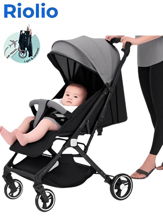 Riolio - Lightweight Stroller,Foldable Baby Stroller, 0-3 Year Old Baby Travel Stroller With Storage Basket, Four-Wheel Suspension, One Click Folding, Can Sit Or Lie Down, 5-Point Seat Belt, Grey - Image 1